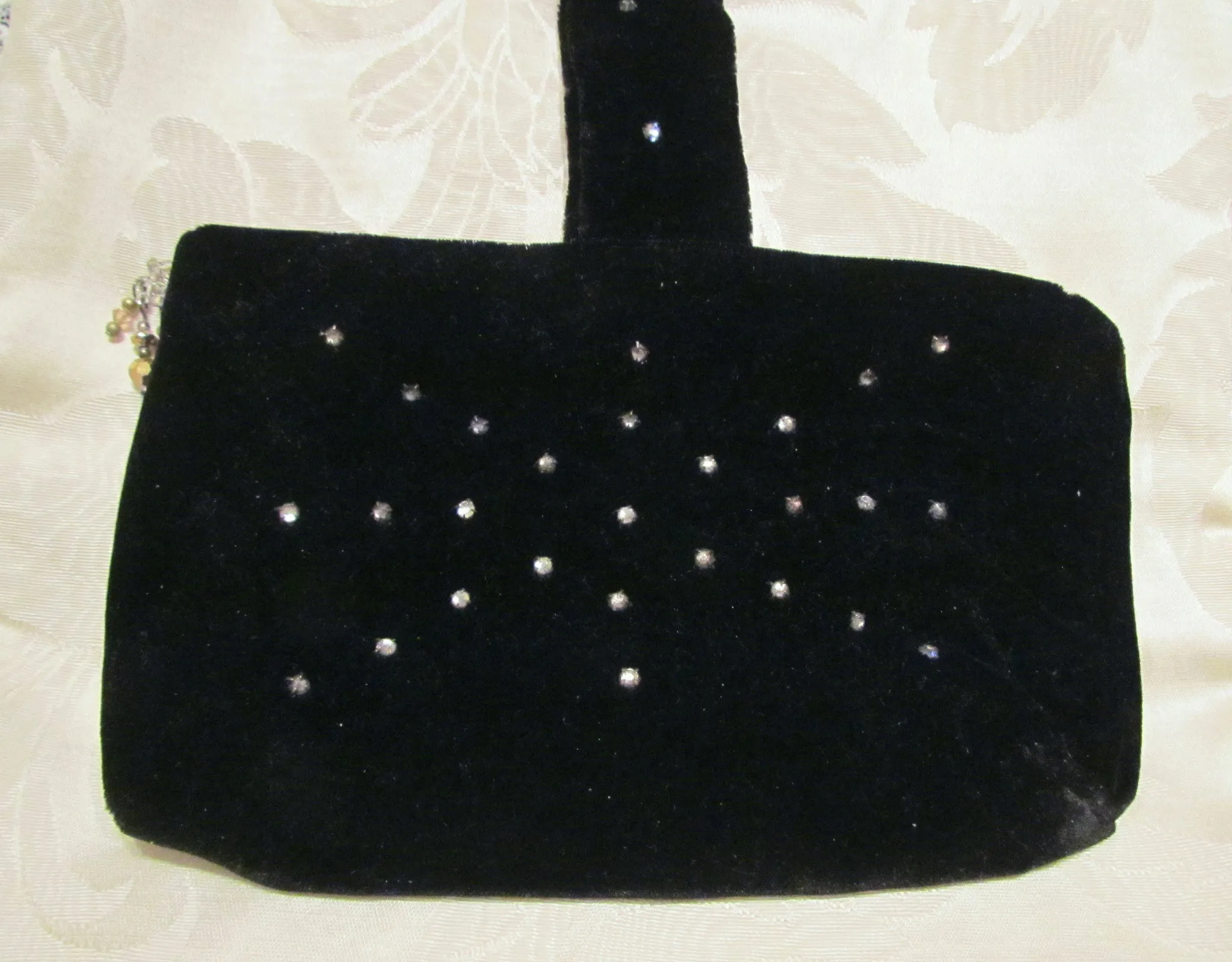 1930s Black Velvet Rhinestone Purse Excellent Condition