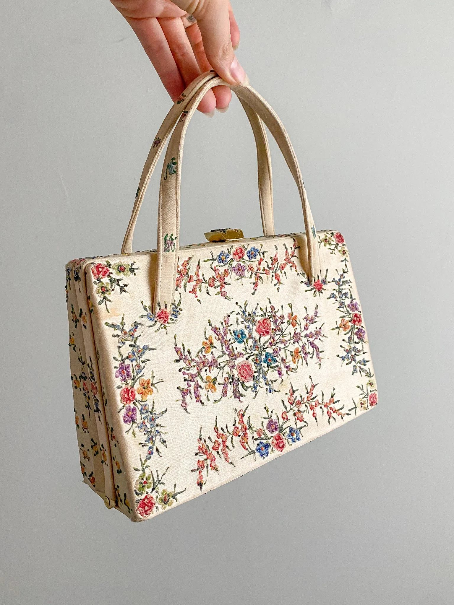 1950's Hand Painted Floral Toile Style Print Handbag