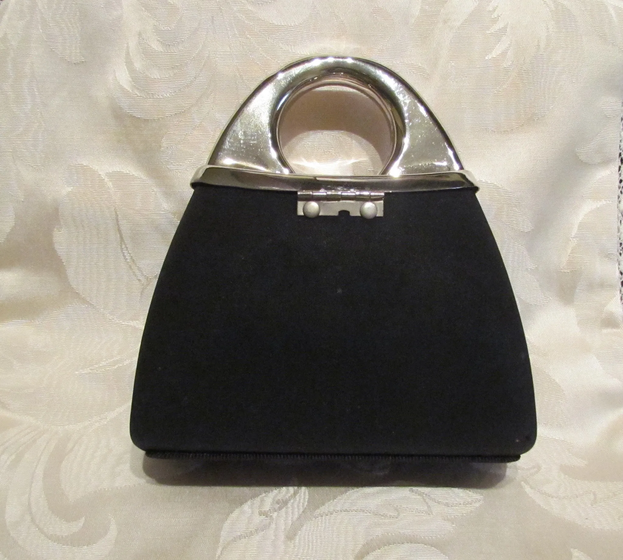 1950s Silver And Black Moire Cluch Purse With Rhinestone Clasp Shoulder Evening Bag