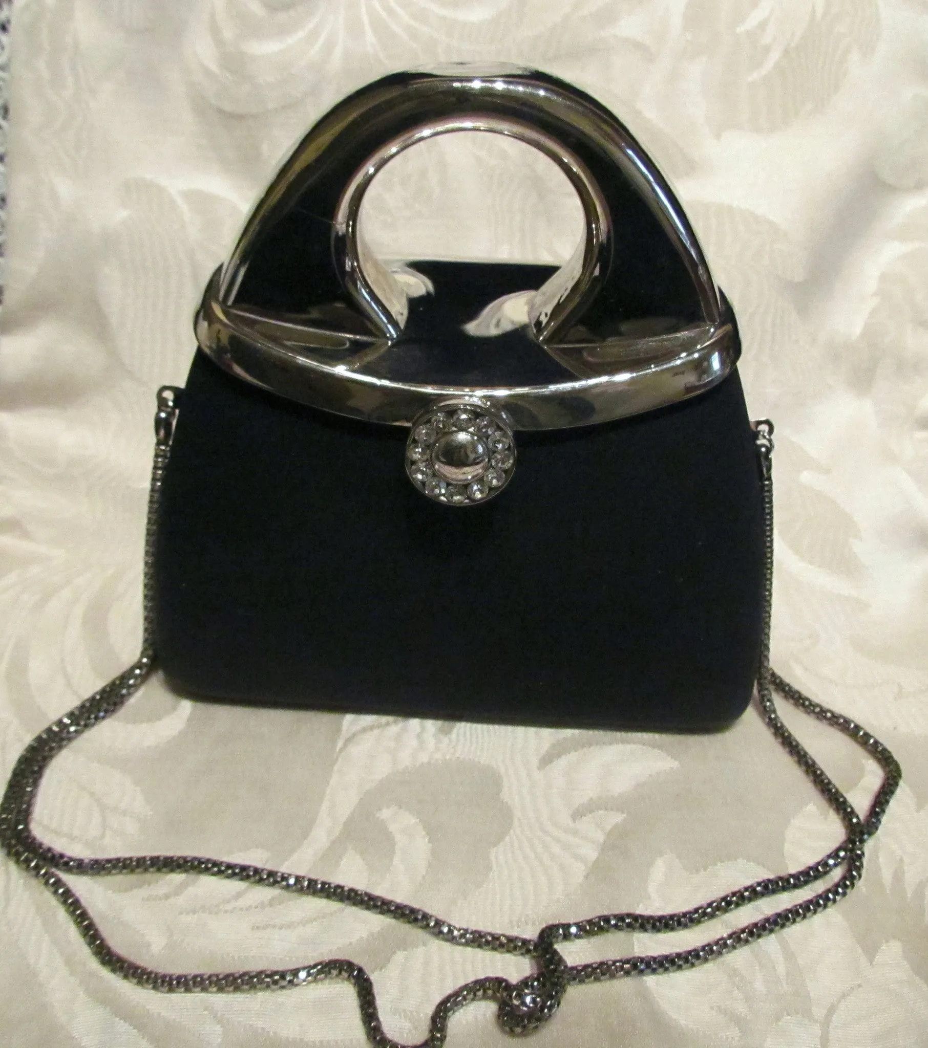 1950s Silver And Black Moire Cluch Purse With Rhinestone Clasp Shoulder Evening Bag