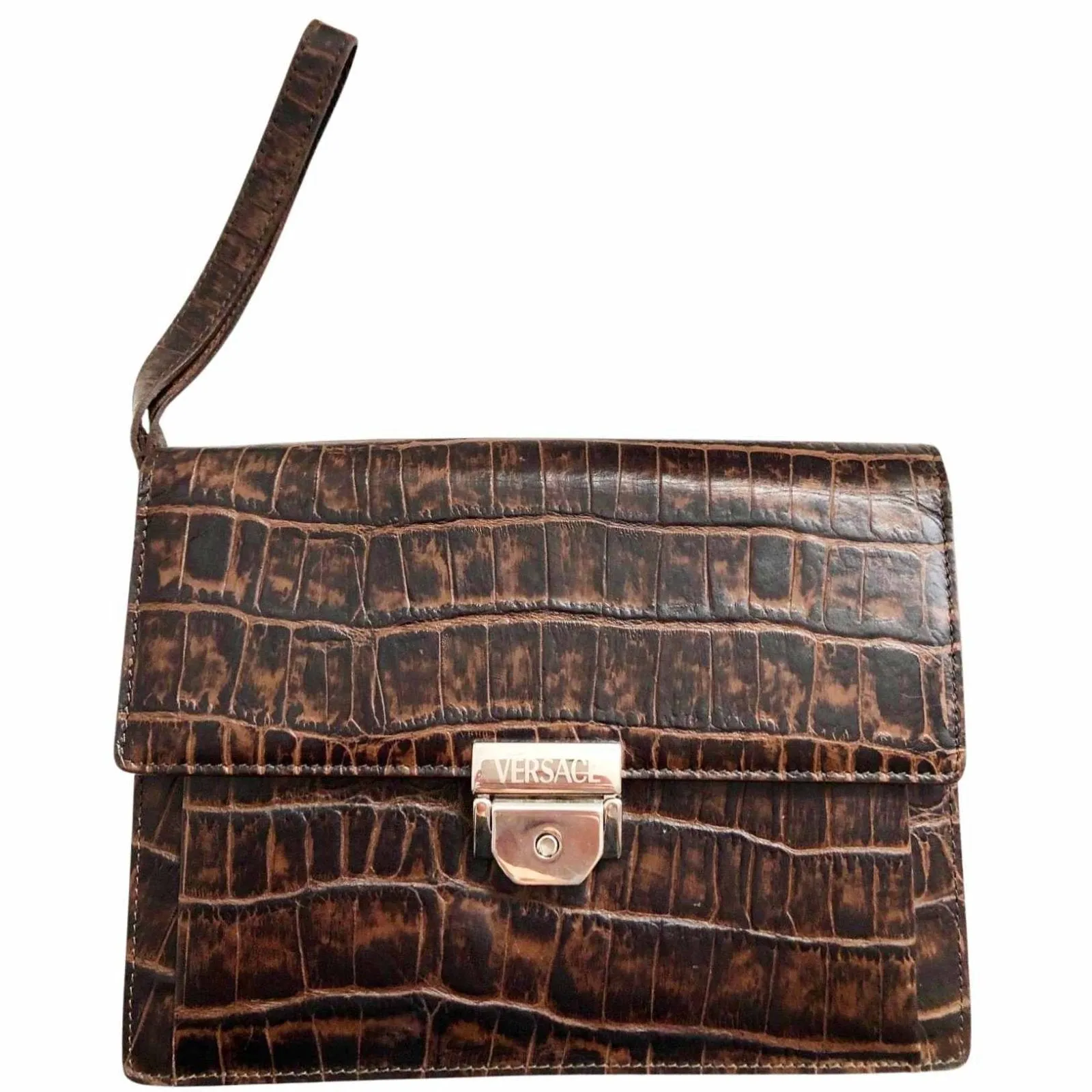 1980s GIANNI VERSACE CROC Brown Leather Envelope Bag