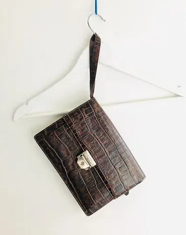 1980s GIANNI VERSACE CROC Brown Leather Envelope Bag