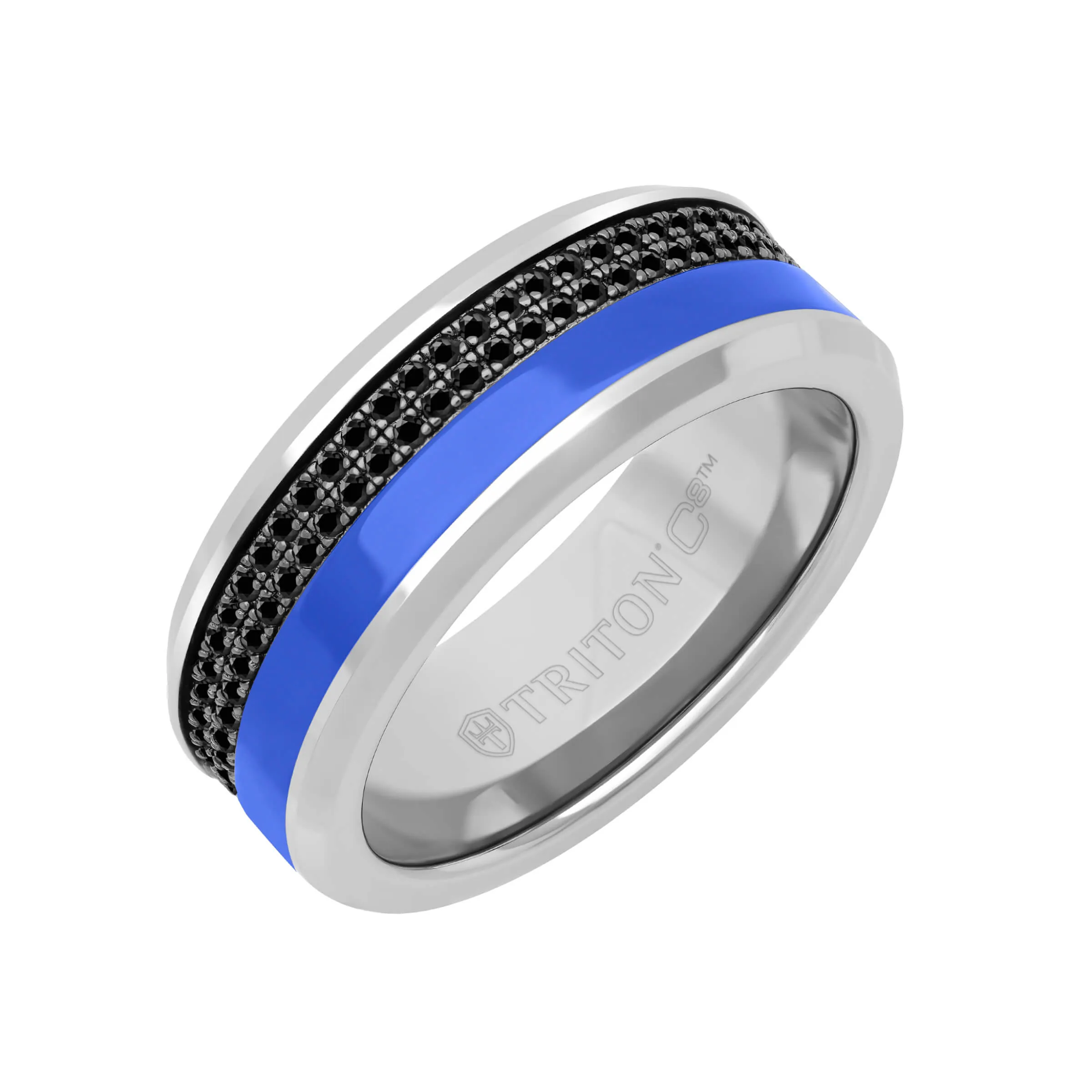 8MM Tungsten Carbide Ring - Asymmetrical Ceramic C8 Channel with Double Row Eternity Black Sapphires and Beveled Edge