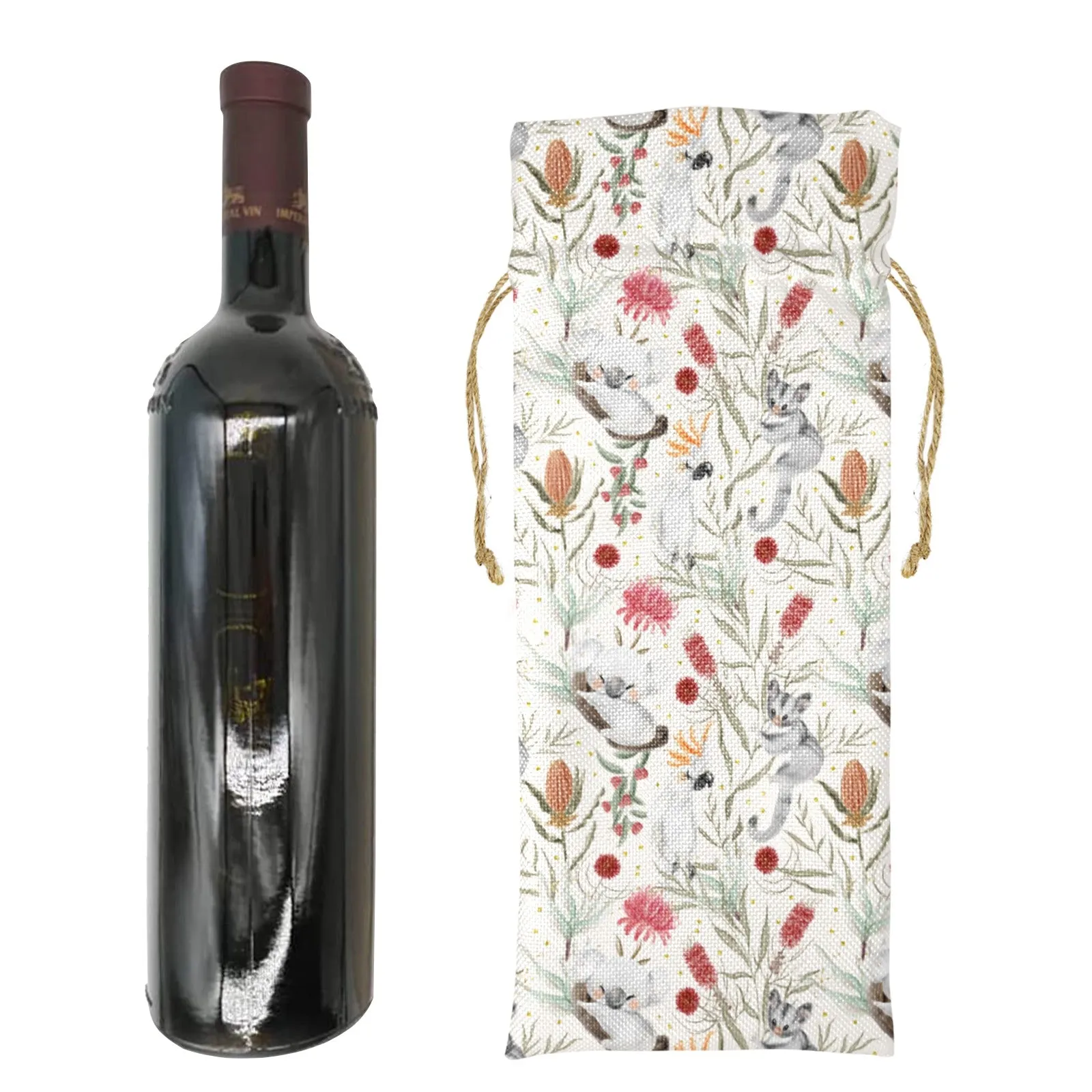 Australian Animals Koala and Sugar Glider Linen Wine Bottle Bag