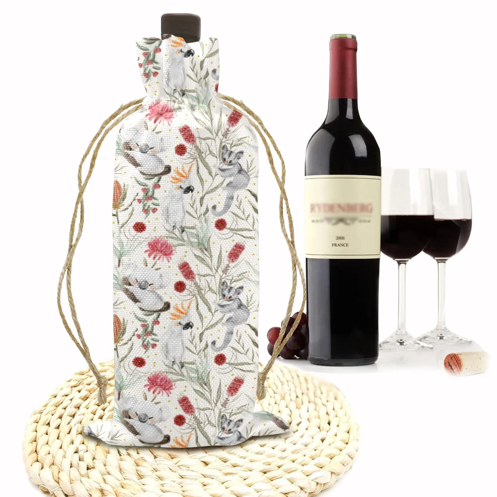 Australian Animals Koala and Sugar Glider Linen Wine Bottle Bag