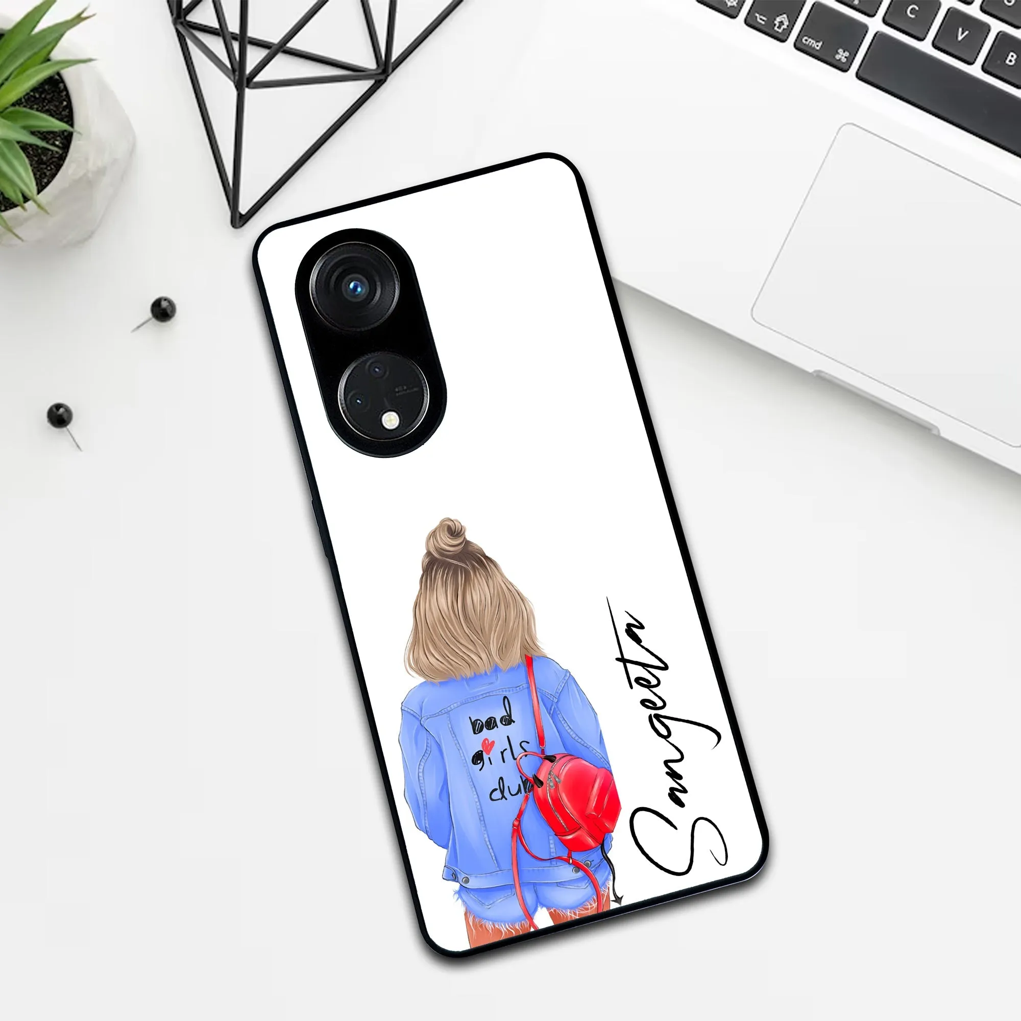 Bag Girl Customize Name Glass Case For Oppo