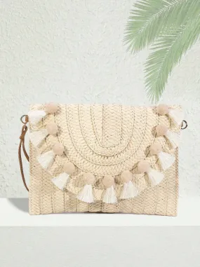 Beige Pompom Straw Clutch Bag