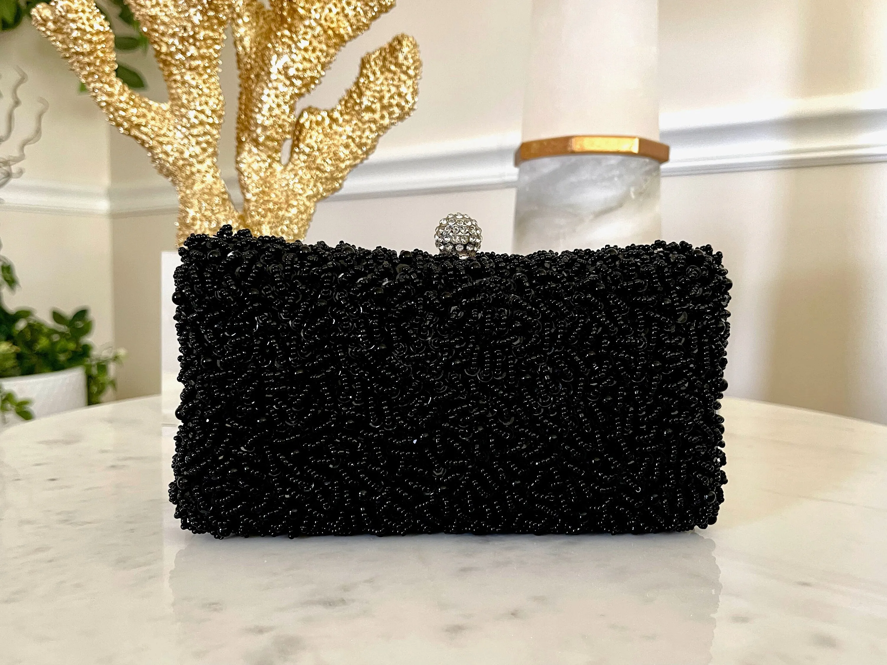 Black or Silver Beaded Embroidered Clutch Purse | Fancy Evening & Bridal Bag | Crossbody Bag