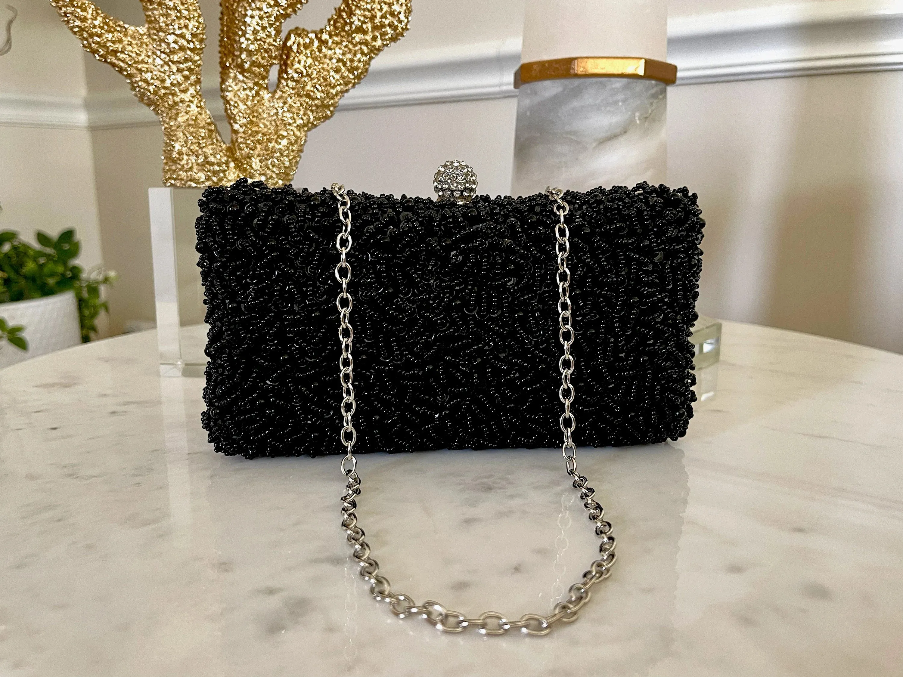 Black or Silver Beaded Embroidered Clutch Purse | Fancy Evening & Bridal Bag | Crossbody Bag