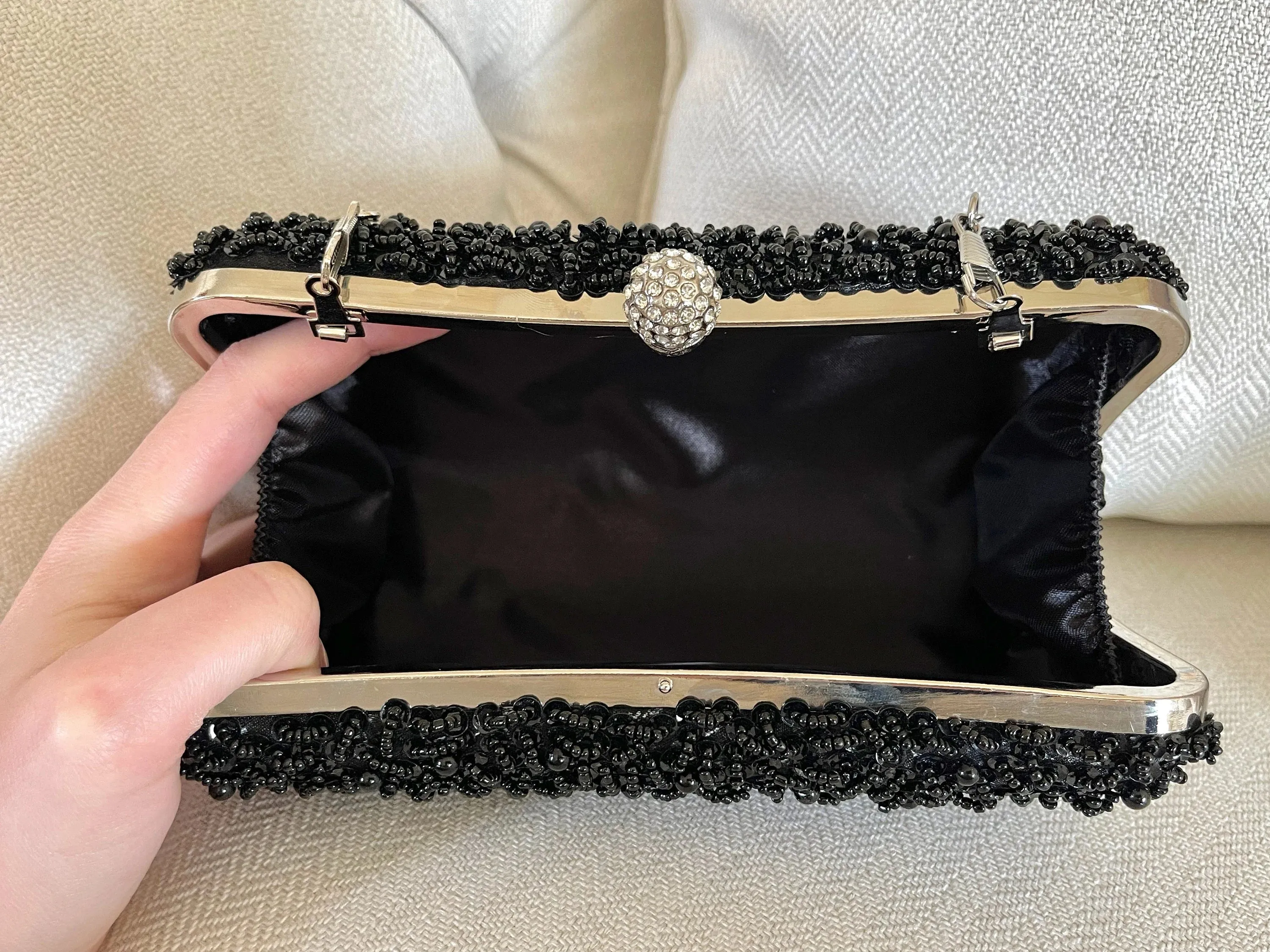 Black or Silver Beaded Embroidered Clutch Purse | Fancy Evening & Bridal Bag | Crossbody Bag