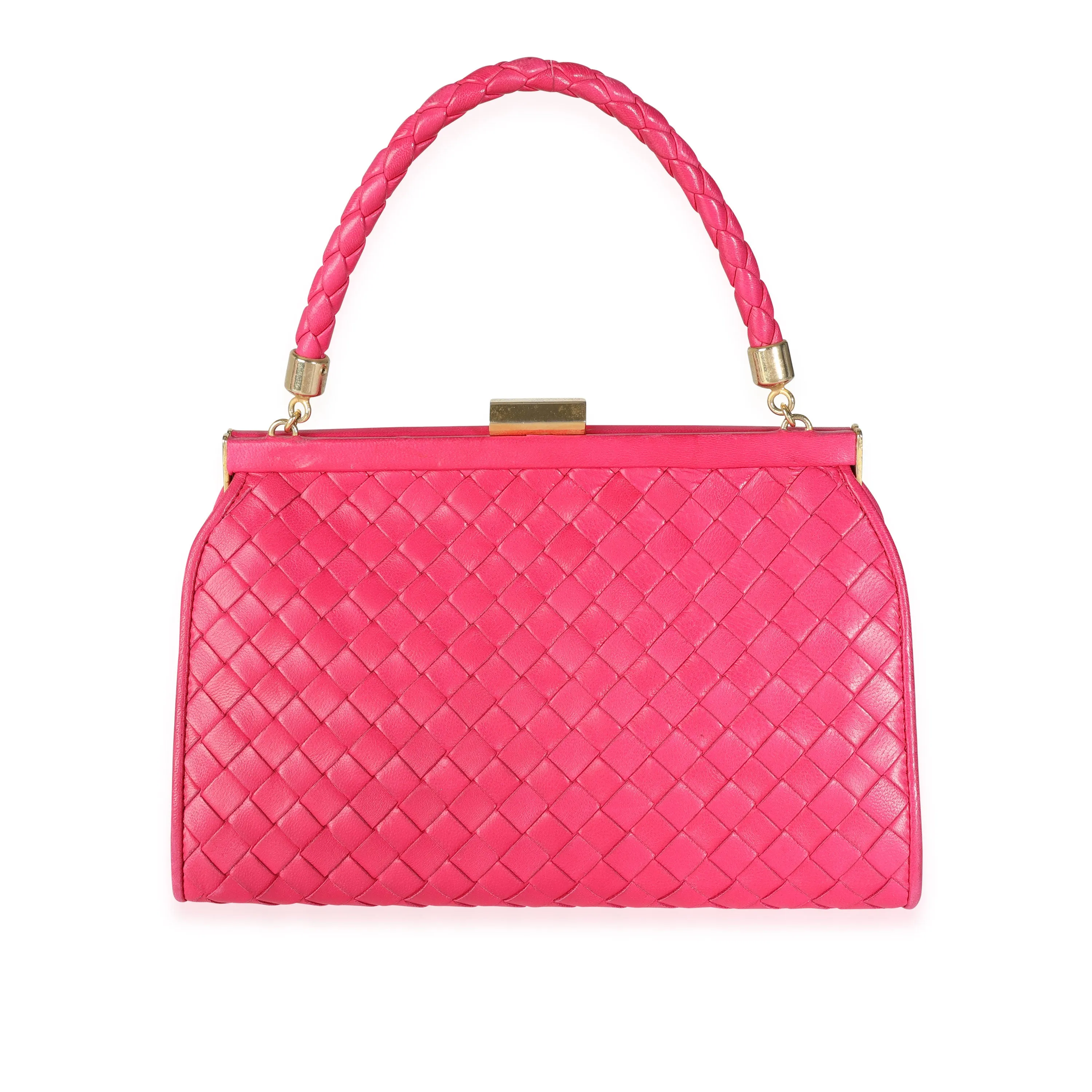 Bottega Veneta Vintage Pink Intrecciato Woven Leather Kiss Lock Frame Bag