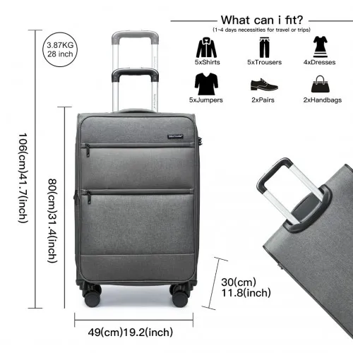 British Traveller 28" Lightweight Expandable Soft Shell Suitcase with TSA Lock - Grey