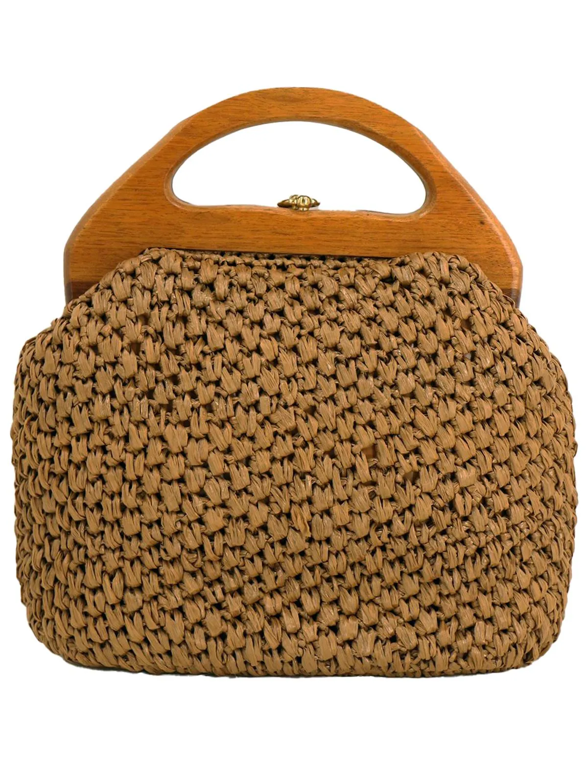 Brown Raffia Wooden Handle Vintage Grab Bag