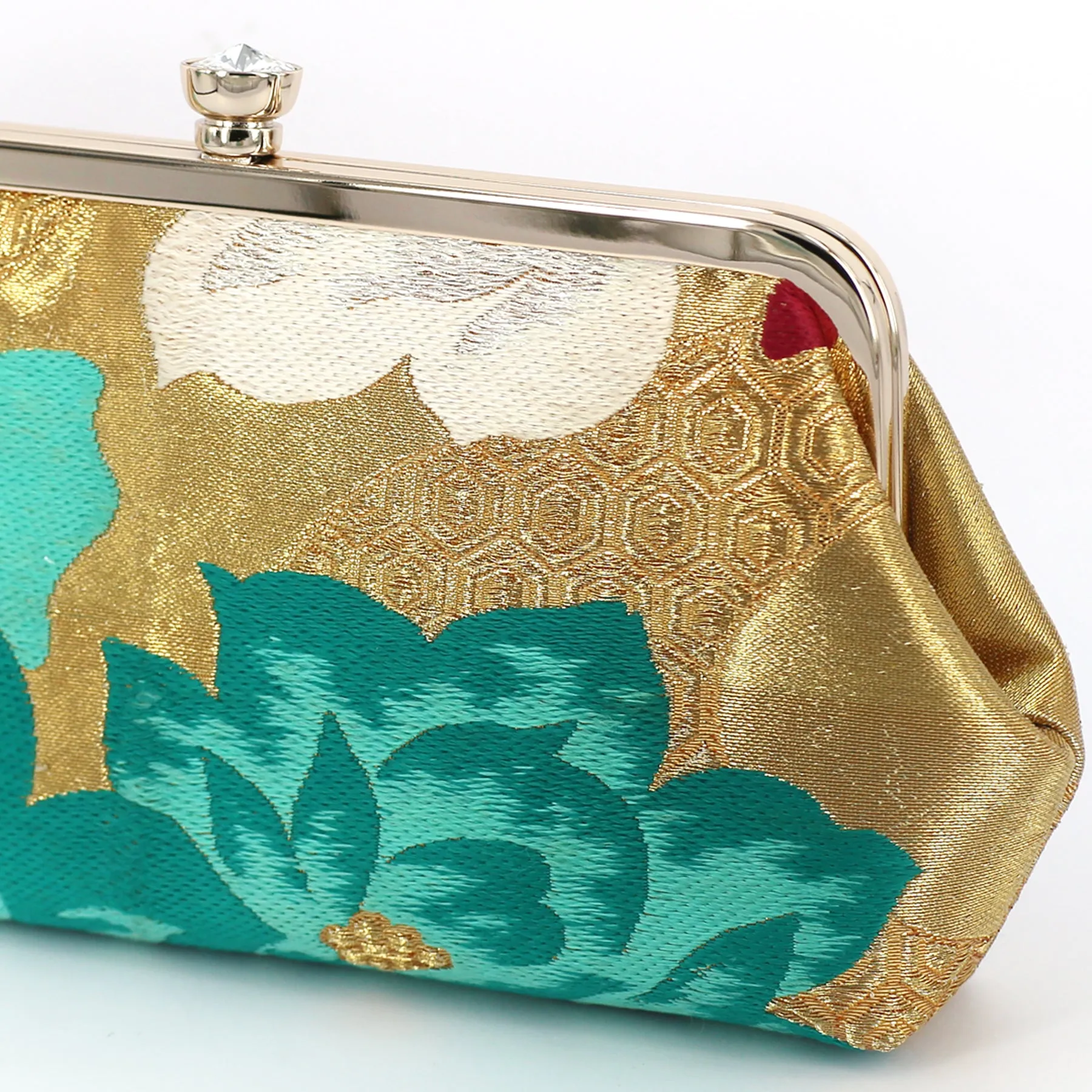 Camellia Clutch Purse in Fuchsia, Gold and Turquoise | Upcycled from vintage Japanese Kimono Obi