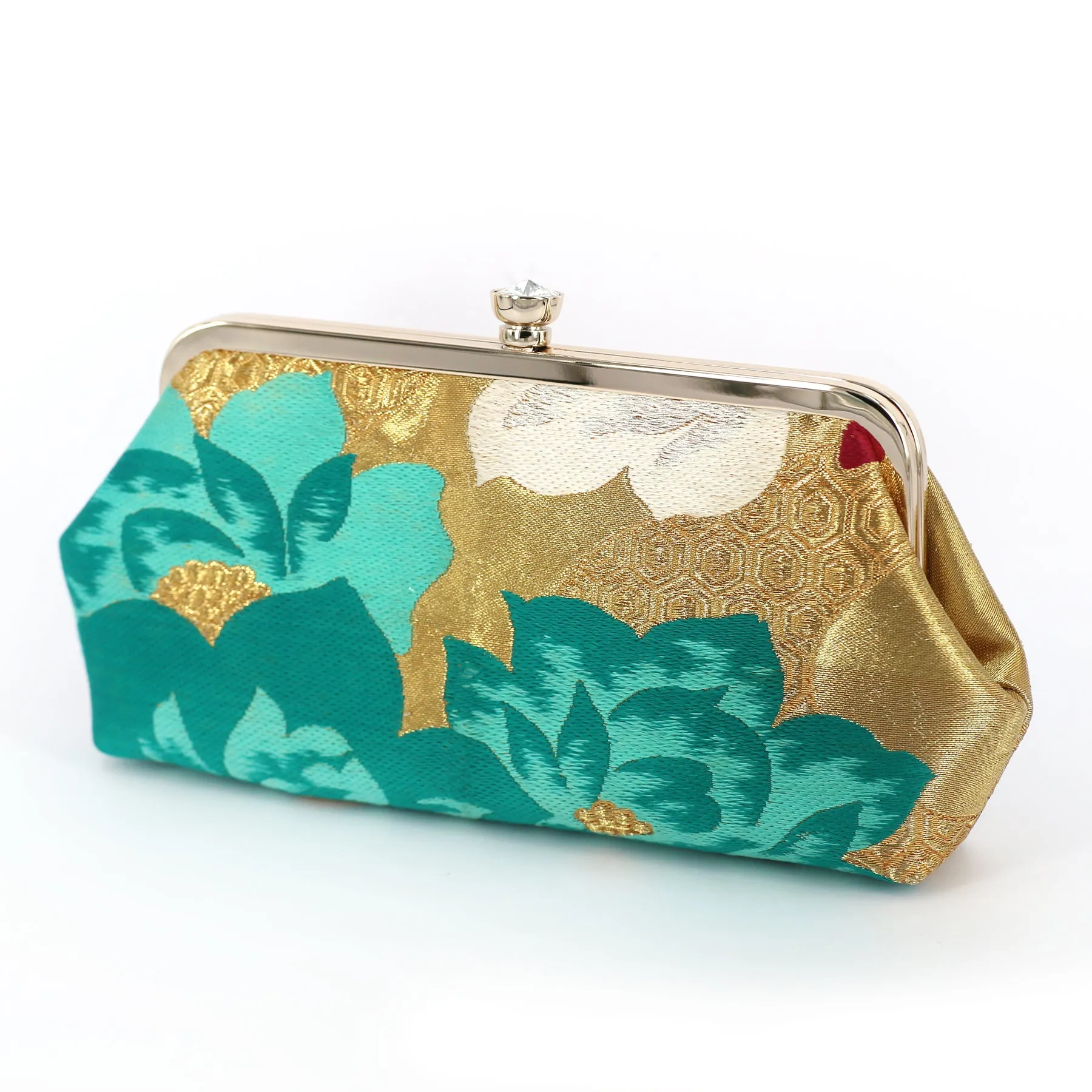 Camellia Clutch Purse in Fuchsia, Gold and Turquoise | Upcycled from vintage Japanese Kimono Obi