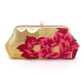 Camellia Clutch Purse in Fuchsia, Gold and Turquoise | Upcycled from vintage Japanese Kimono Obi