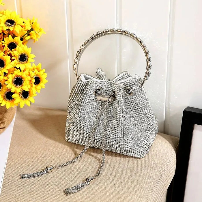 Crystal Pouch Handbag with Jewelled Handle in Silver