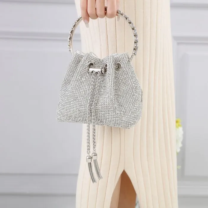 Crystal Pouch Handbag with Jewelled Handle in Silver