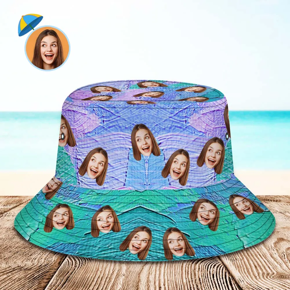 Custom Face Bucket Hat Unisex Personalised Wide Brim Outdoor Summer Hats Green and Purple Oil Painting Style