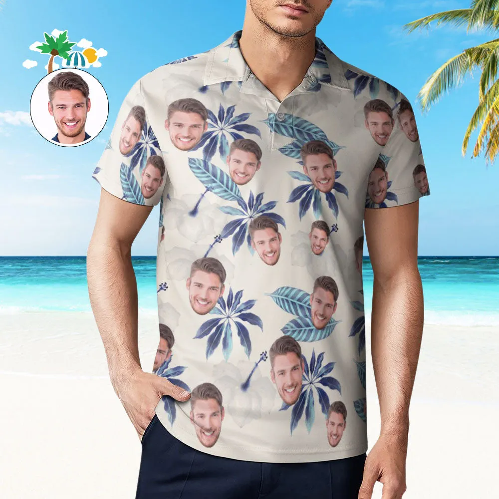 Custom Face Polo Shirt For Men Flowers and Leaves Personalised Hawaiian Golf Shirts