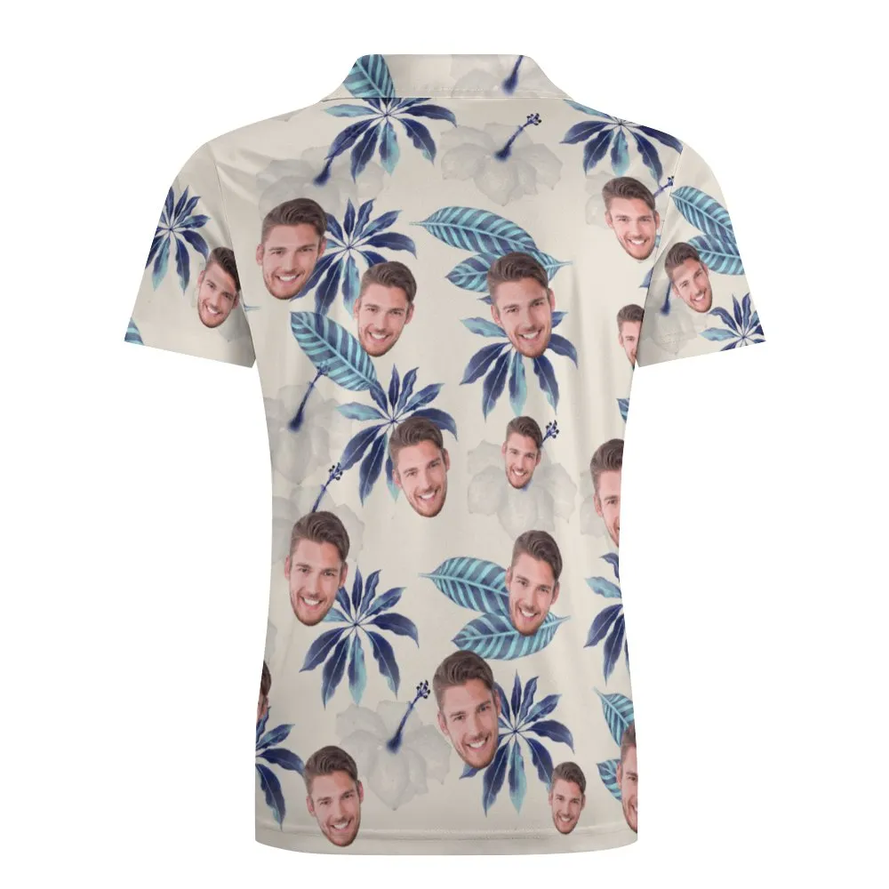 Custom Face Polo Shirt For Men Flowers and Leaves Personalised Hawaiian Golf Shirts