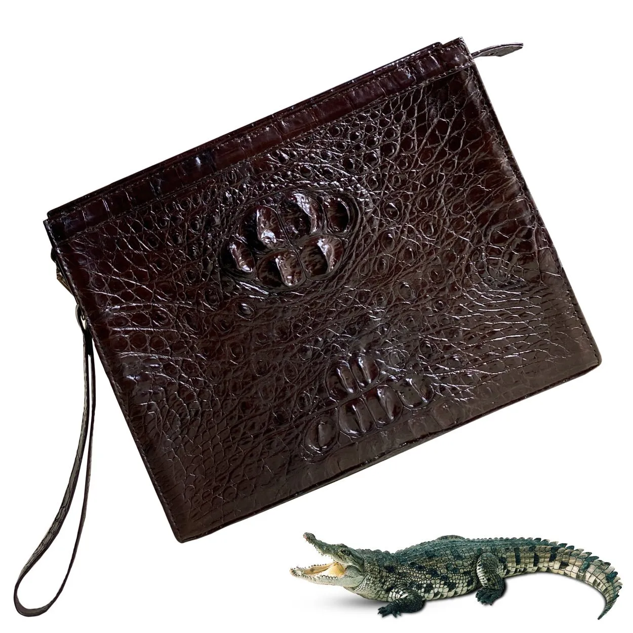 Dark Brown Alligator Mens Big Wristlet Clutch Purse Business Bag Premium Crocodile Handbag RFID Blocking CLUT03