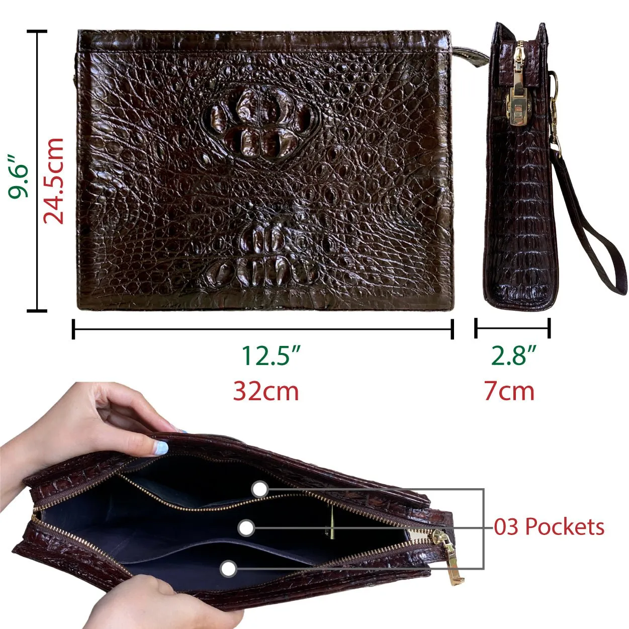 Dark Brown Alligator Mens Big Wristlet Clutch Purse Business Bag Premium Crocodile Handbag RFID Blocking CLUT03