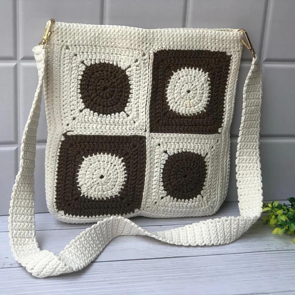 Dark Brown and Off White Unisex Crochet Crossbody Sling Bag