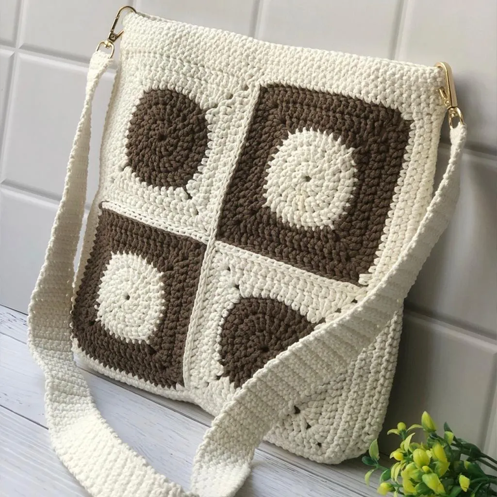 Dark Brown and Off White Unisex Crochet Crossbody Sling Bag