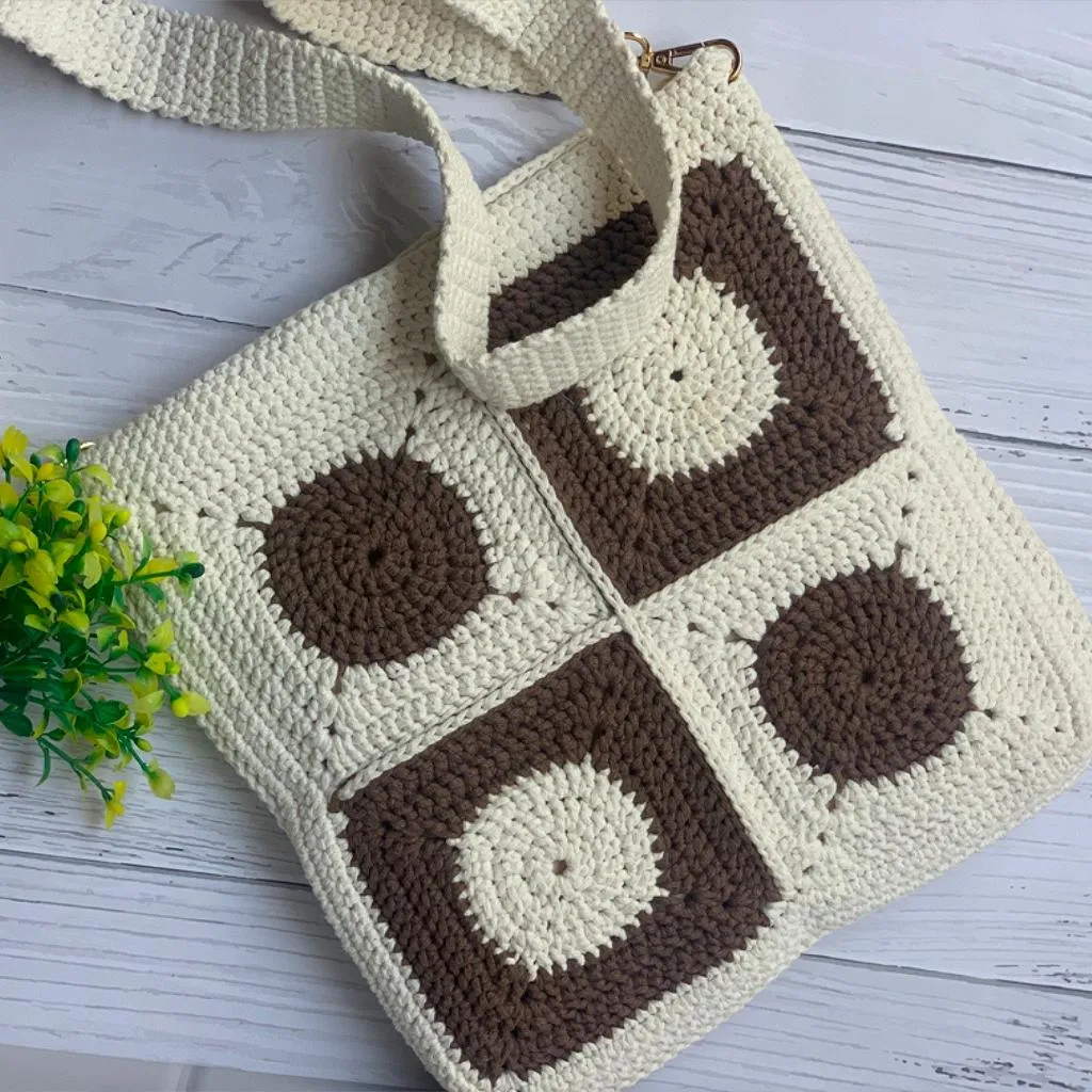 Dark Brown and Off White Unisex Crochet Crossbody Sling Bag