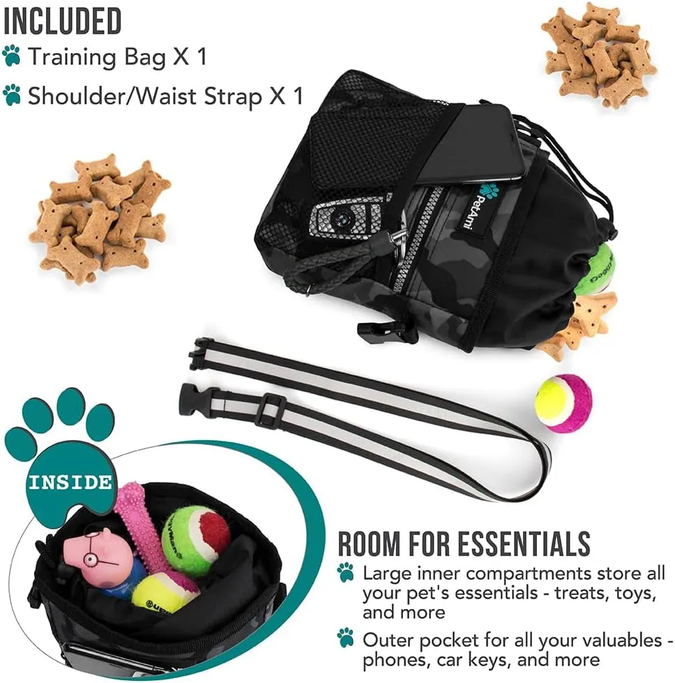 Dog Treat Pouch: Pet Training Bag, Kibble Holder, Trainer Essentials, Poop Bag Dispenser, 3 Wear Options (Camo Black)