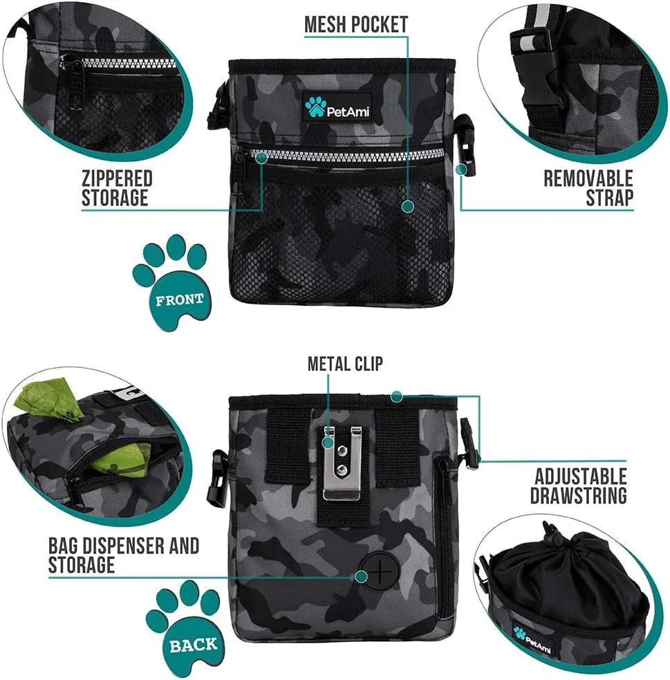 Dog Treat Pouch: Pet Training Bag, Kibble Holder, Trainer Essentials, Poop Bag Dispenser, 3 Wear Options (Camo Black)