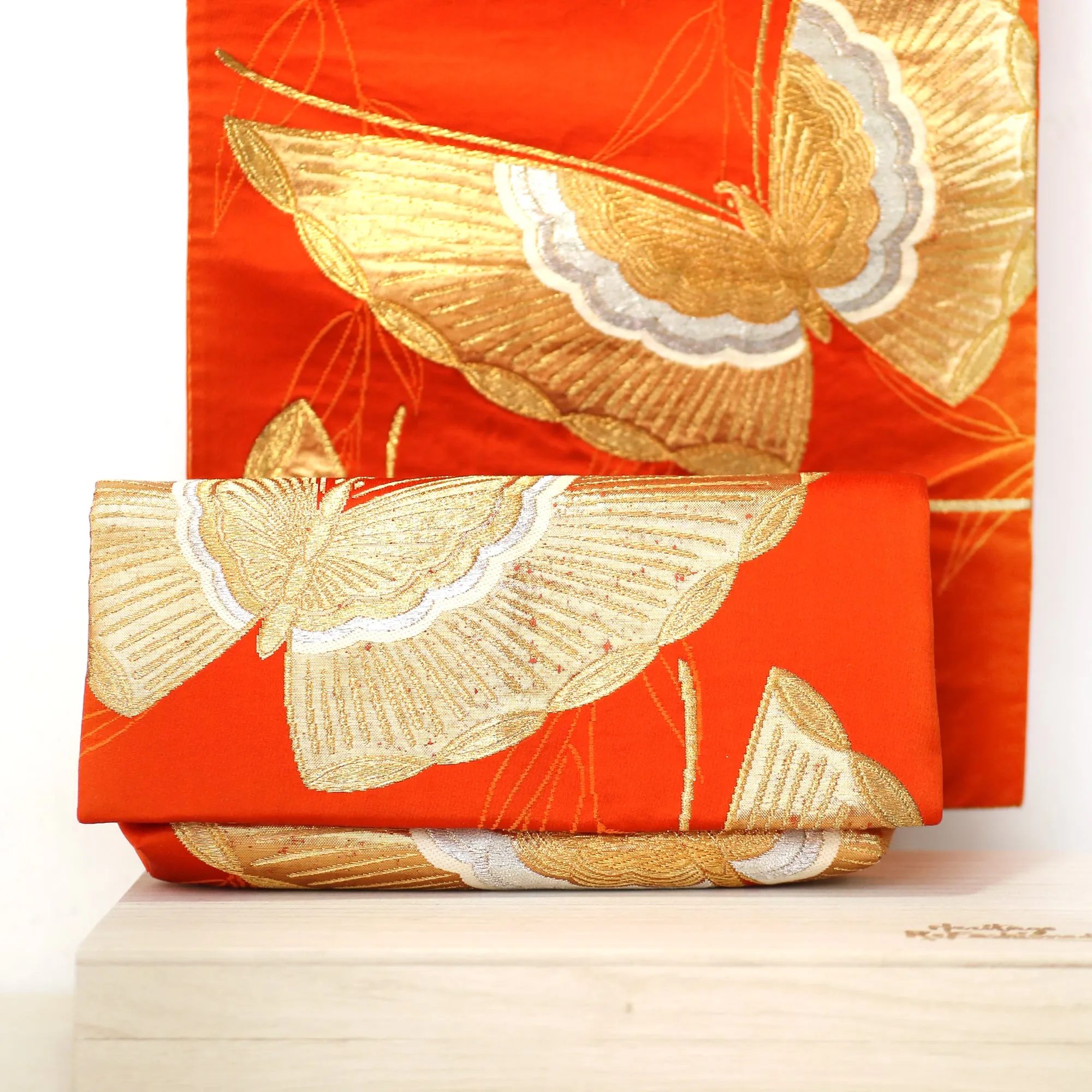 Envelope Clutch Bag with Butterfly on Orange Red | Upcycled Kimono Obi Silk