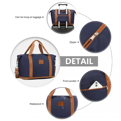 Expandable Water-Resistant Travel Tote Set with Cosmetic Pouch - 36L Navy And Brown Carry-On Duffel Bag