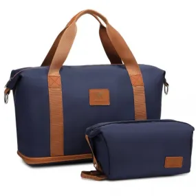 Expandable Water-Resistant Travel Tote Set with Cosmetic Pouch - 36L Navy And Brown Carry-On Duffel Bag