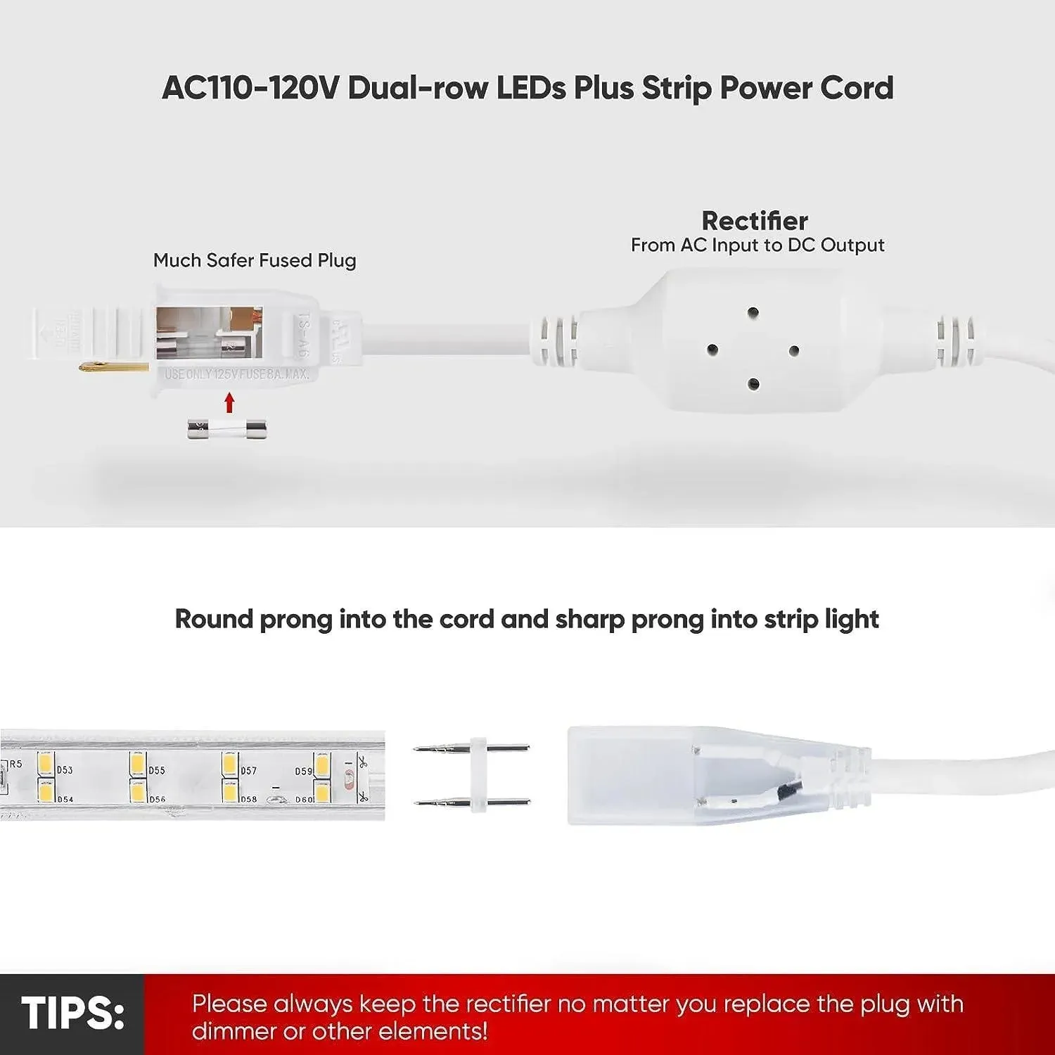 Extra Power Cord Pack for 110V 7x17mm Double Row Plus Strip