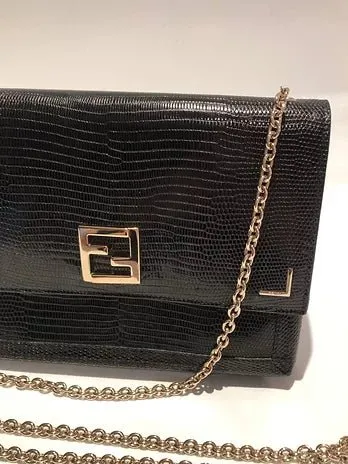 FENDI black LIZARD print LEATHER FLAP evening HANDBAG WITH CHAIN