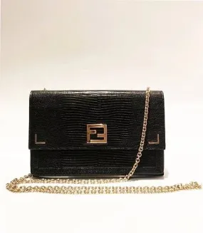 FENDI black LIZARD print LEATHER FLAP evening HANDBAG WITH CHAIN