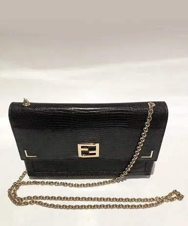 FENDI black LIZARD print LEATHER FLAP evening HANDBAG WITH CHAIN