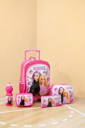 Girls Pink Barbie Print Trolley Set (5 Piece)