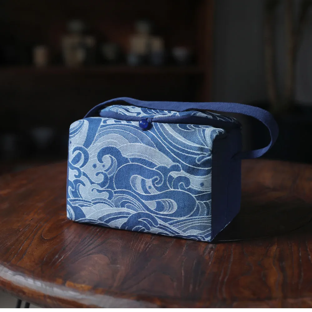 Gohobi Large Blue Wave Pattern Teaware Storage Travel Bag