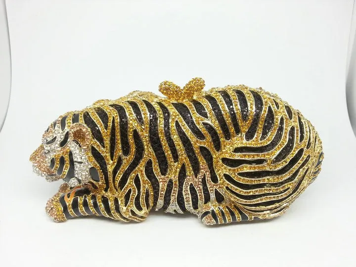 Gold Tiger Clutch Minaudiere Evening Bag Diamond Crystal Party  Purse