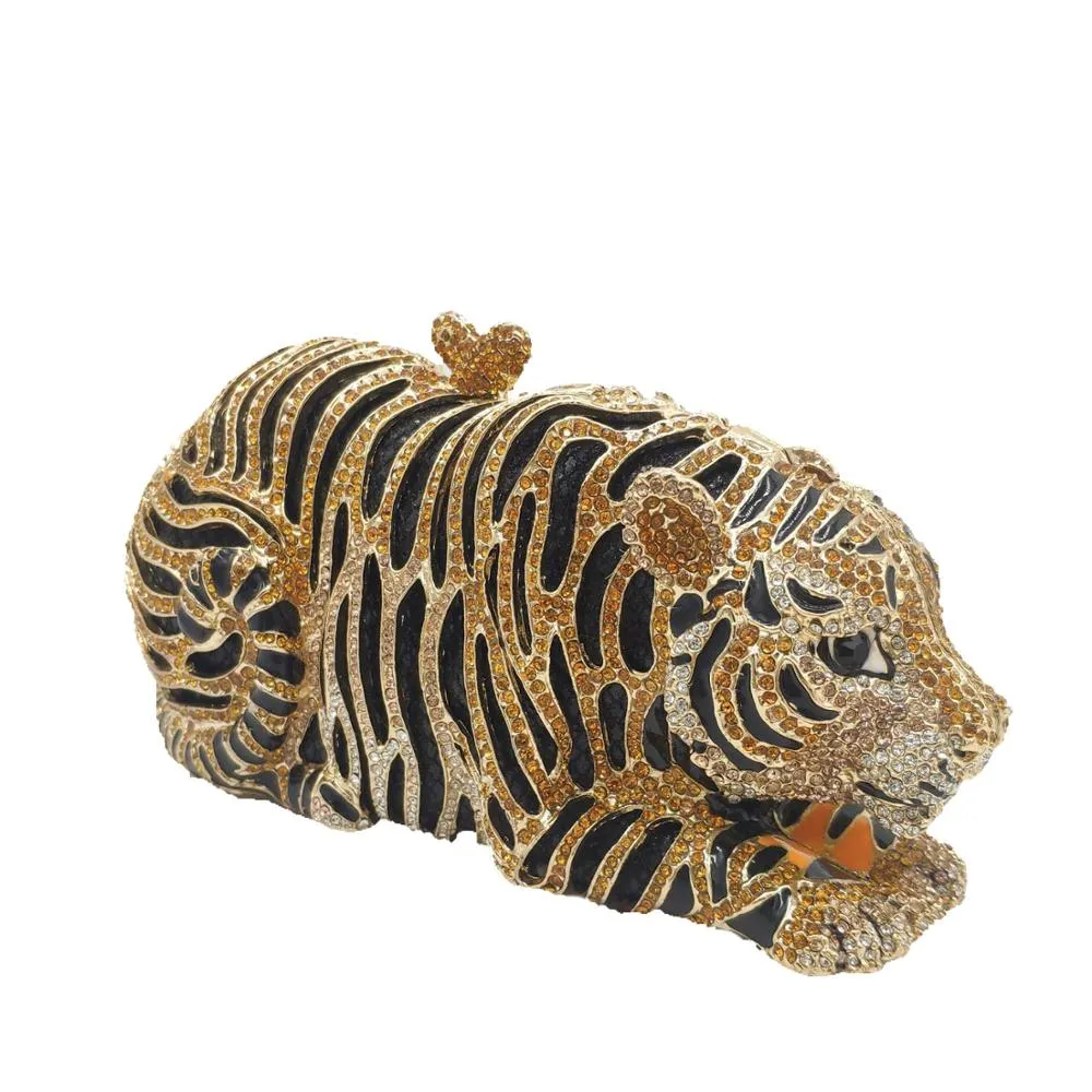 Gold Tiger Clutch Minaudiere Evening Bag Diamond Crystal Party  Purse