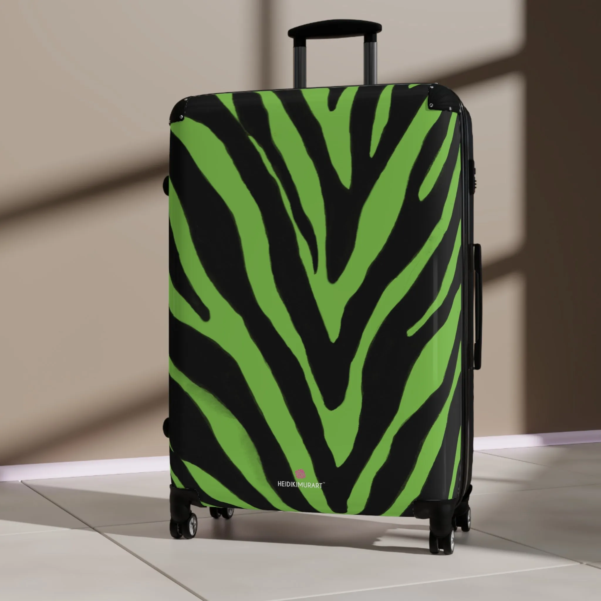 Green Zebra Print Best Suitcases, Black and Green Zebra Print Travel Bag Suitcases (Small, Medium, Large)