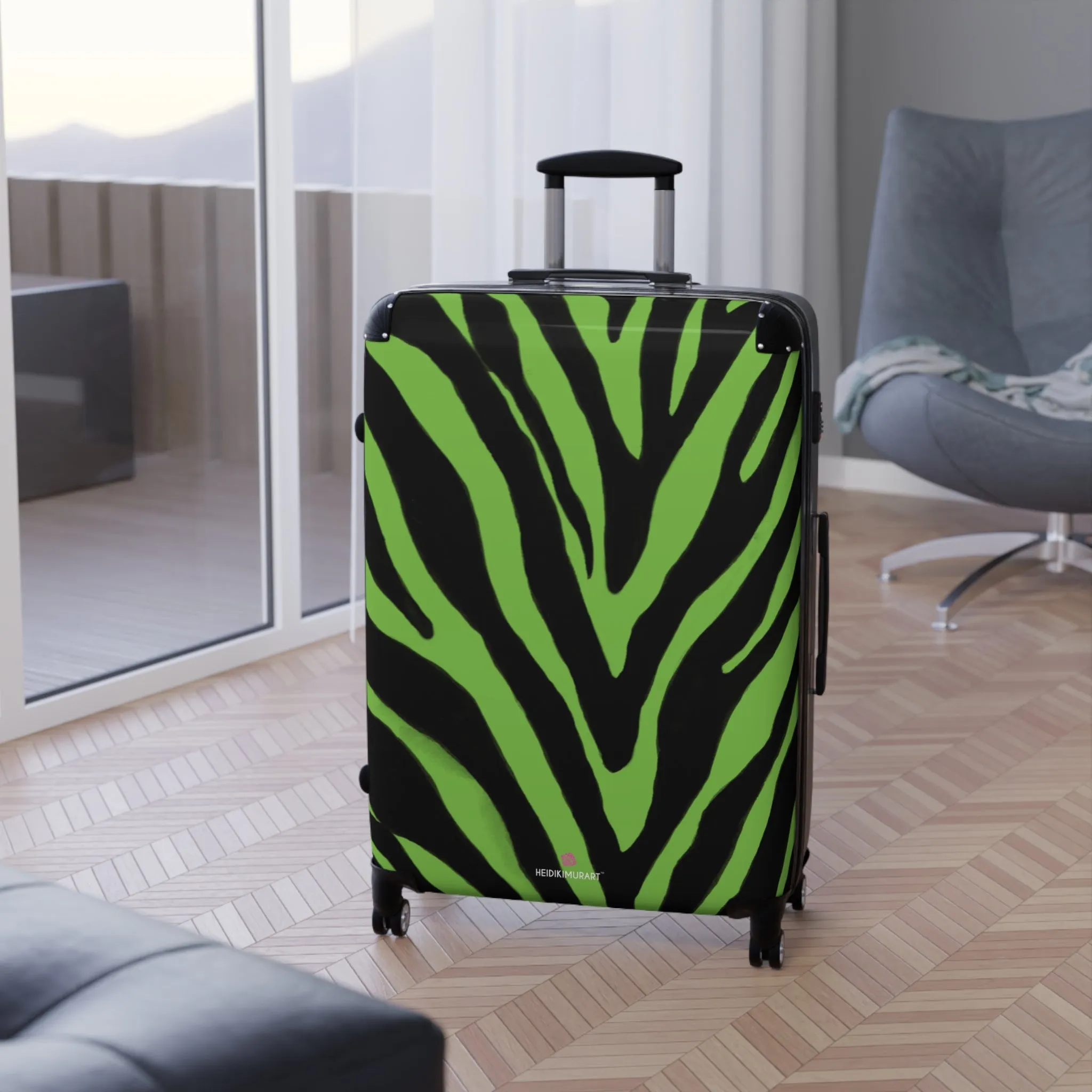 Green Zebra Print Best Suitcases, Black and Green Zebra Print Travel Bag Suitcases (Small, Medium, Large)