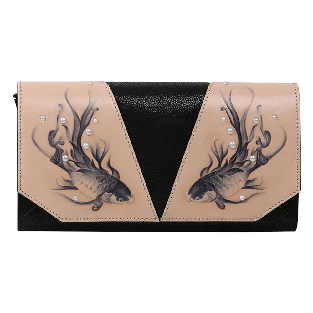 Island of Black Koi Crossbody Leather Clutch | Bellorita