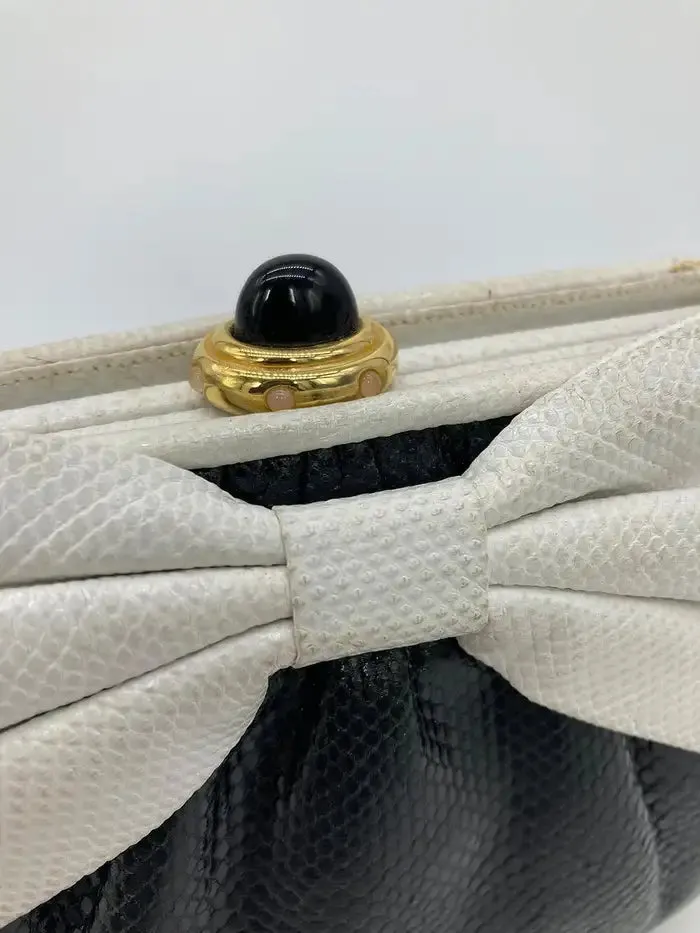 Judith Leiber Black and White Lizard Bow Front Clutch