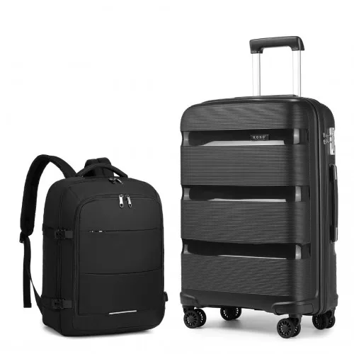 K2092L-Kono 20'' Hard Shell PP Suitcase Set & EM2232 Backpack Set - Black