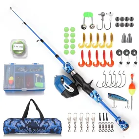 Kids Fishing Rod and Reel Combo Full Kit 1.2m/1.5m Telescopic Casting Rod Pole with Spincast Reel and Hooks Lures Swivels bag