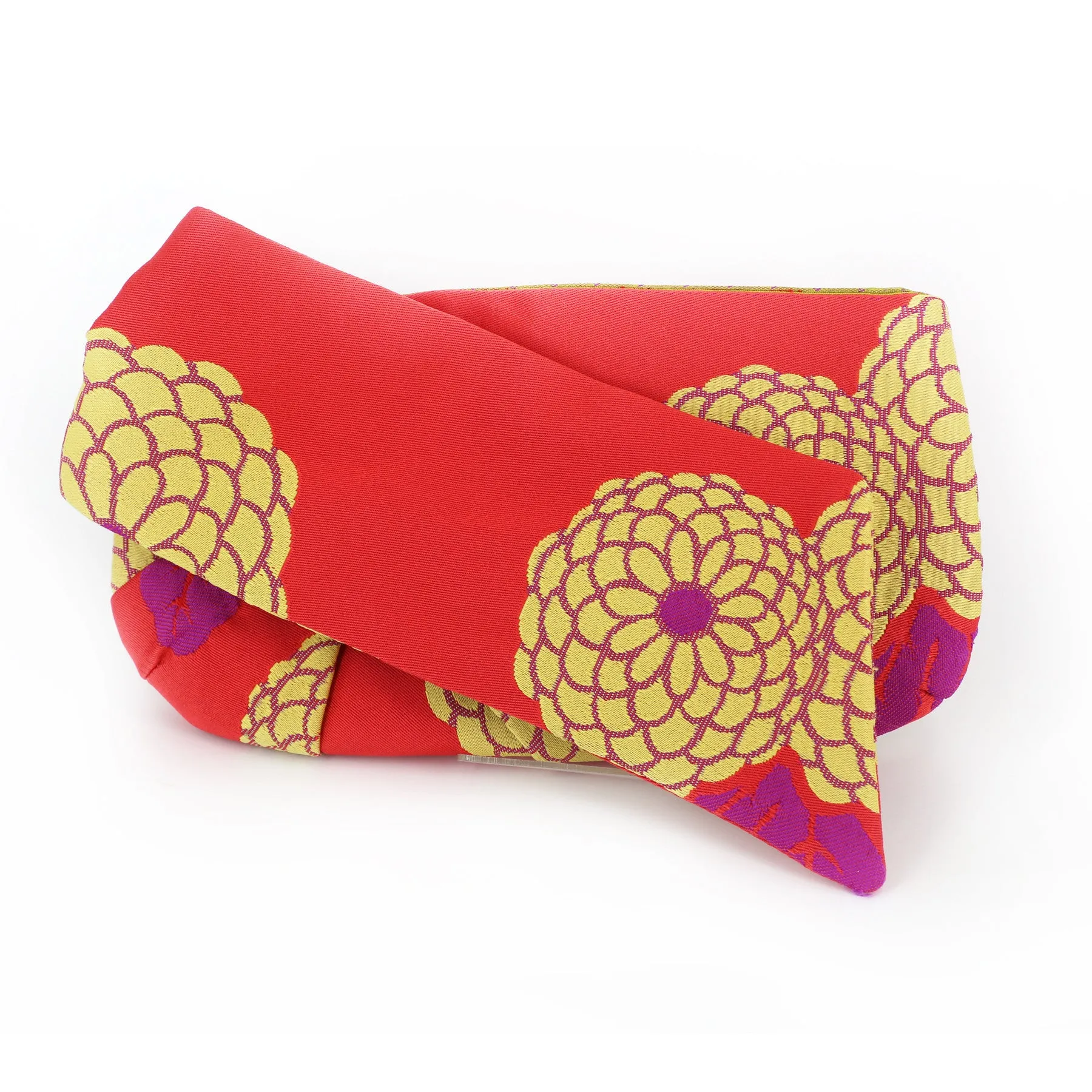 Kimono Obi Bow Clutch | Kiku Chrysanthemum in yellow on red | Upcycled from Japanese Yukata Obi